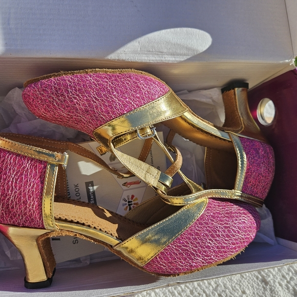 Honeystore Shoes - Honeystore Ballroom Shoes Latin Dance Leather Sole Gold Pink Mary Jane Glitter
